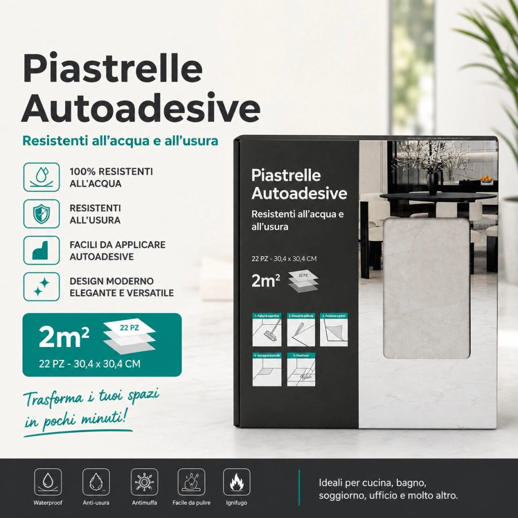 Set 22 Piastrelle Autoadesive per Pavimento e Parete 30x30 cm 2 mq in LTV PVC Effetto Maiolica Creta