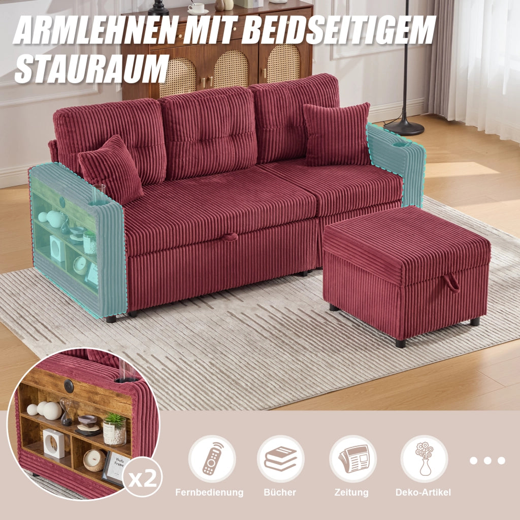 Divano letto modulare con contenitore; USB-C e LED - in velluto a coste - rosso vino
