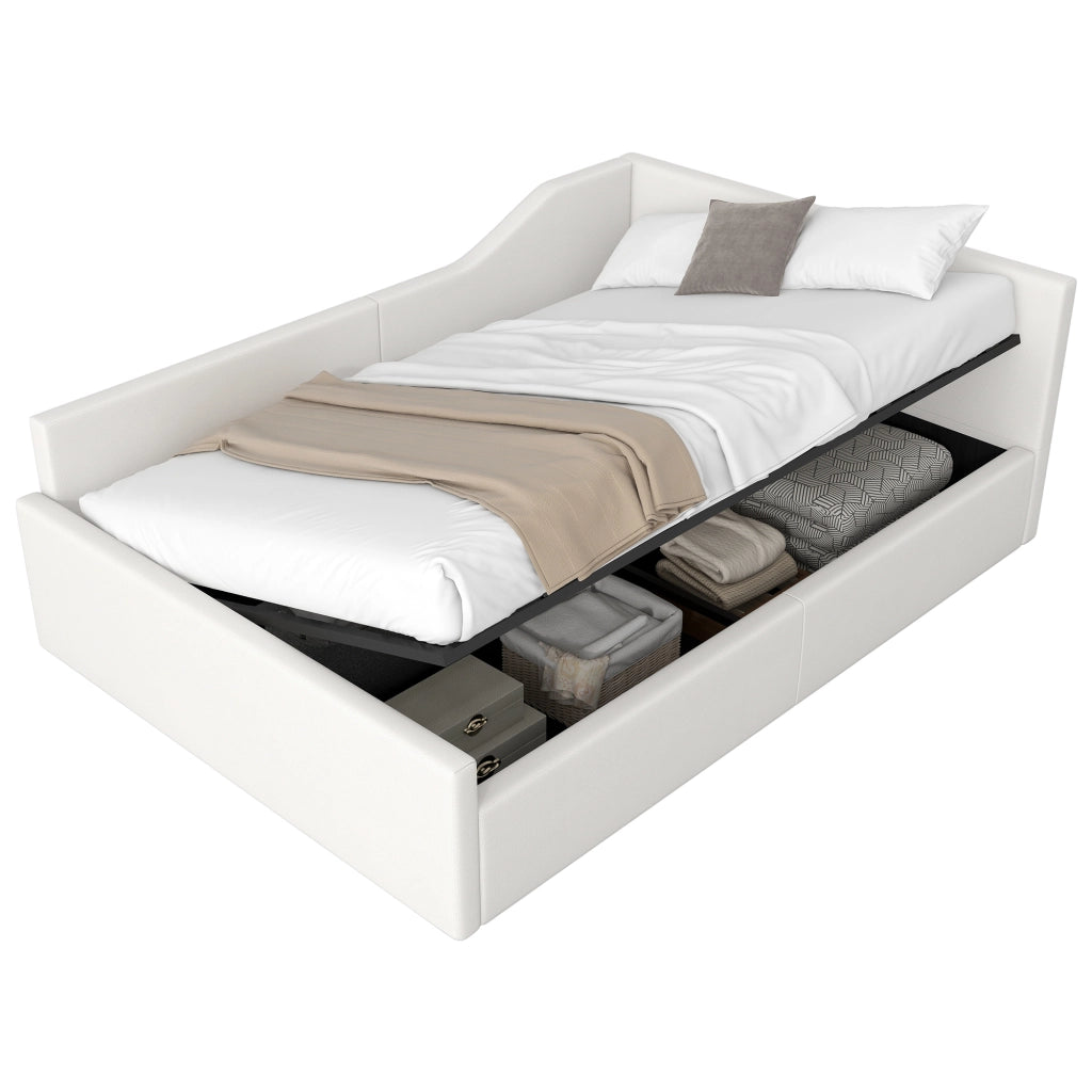 Letto contenitore 140 × 200 cm con vano sottoletto rivestito in lino struttura in MDF e compensato beige