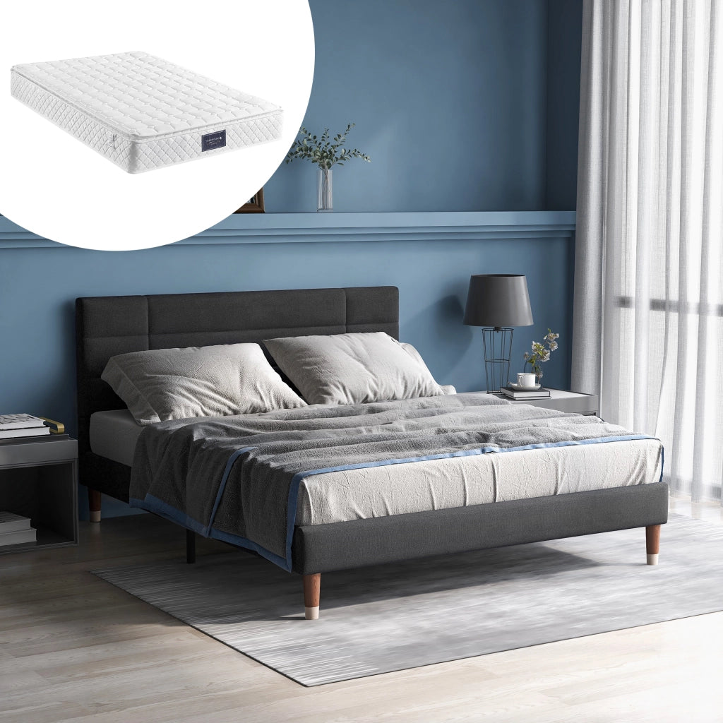 Letto matrimoniale 140 × 200 cm 2 posti con testiera imbottita e spazio sottoletto, materasso incluso, grigio