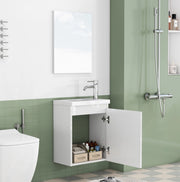 Mobile bagno sospeso 40 cm bianco lucido con lavabo in ceramica e specchio, design senza maniglie con cerniere ammortizzate, preassemblato