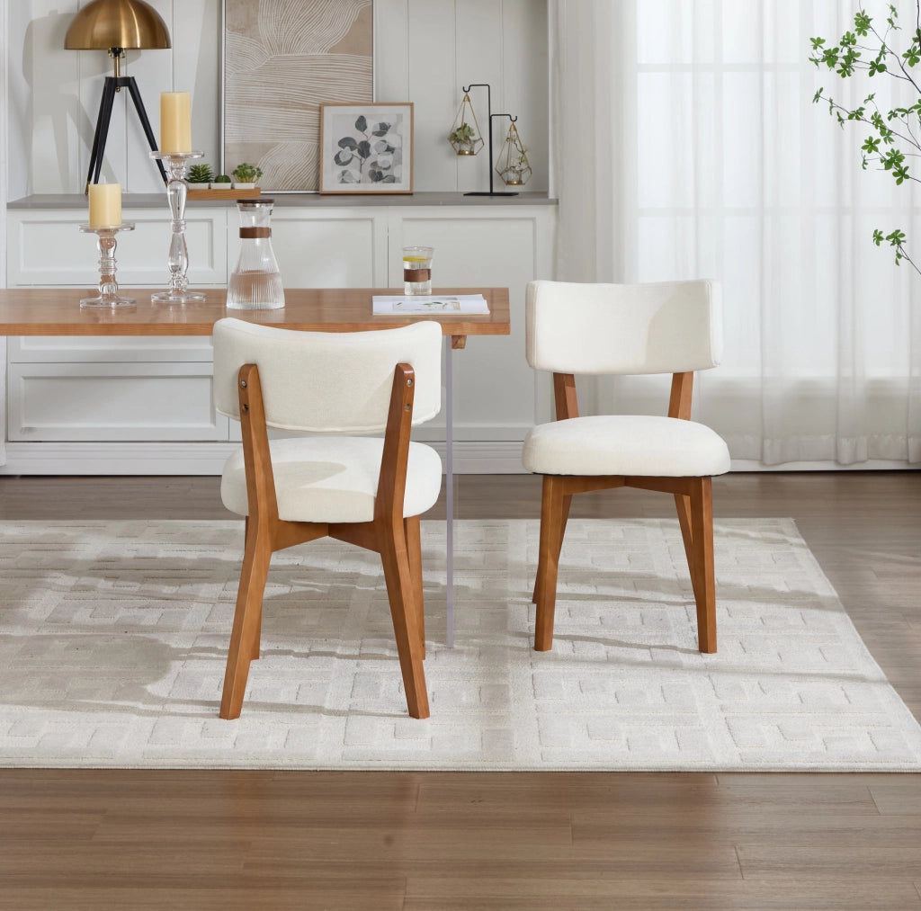Set 2 Sedie da Pranzo Stile Mid-Century con Gambe in Legno Massello e Seduta Imbottita in Tessuto Beige