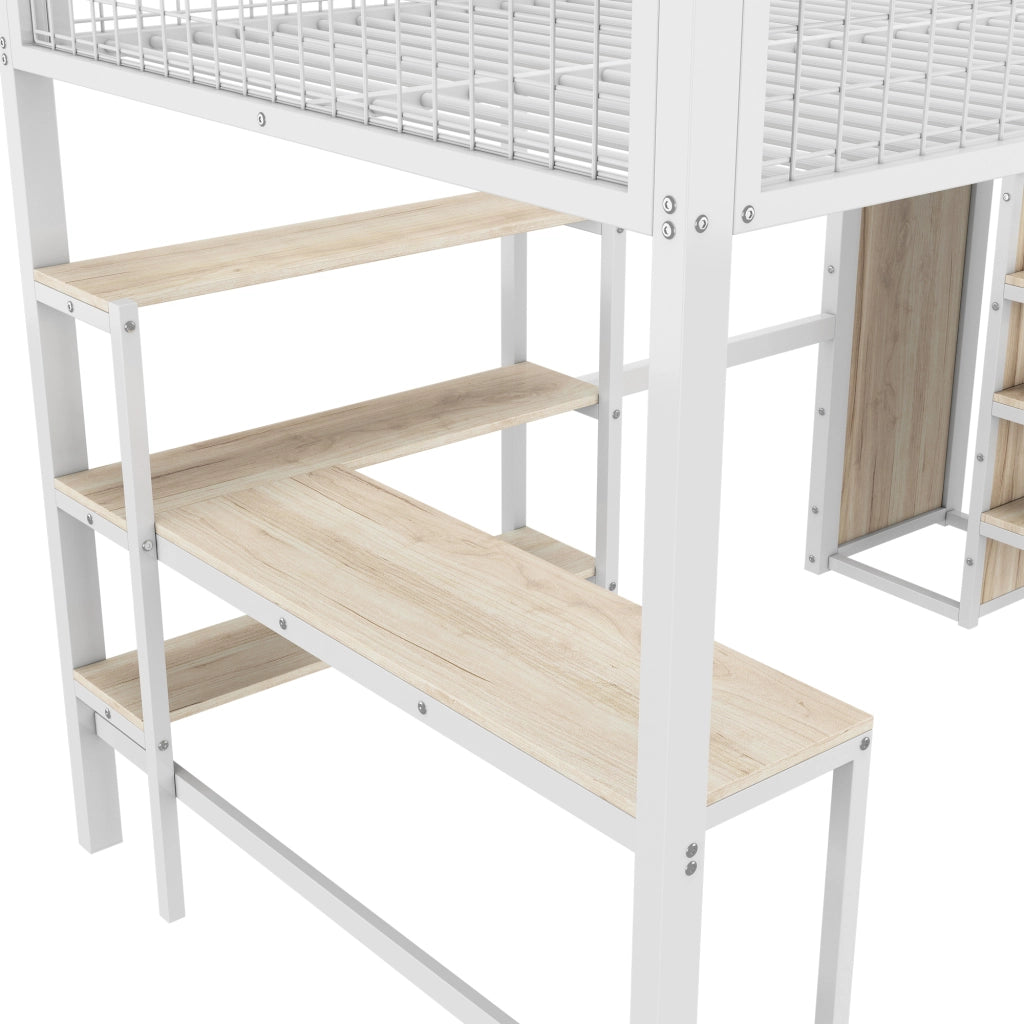 Letto a soppalco 140 × 200 cm con scrivania; ripiani e armadio integrato in metallo e MDF bianco
