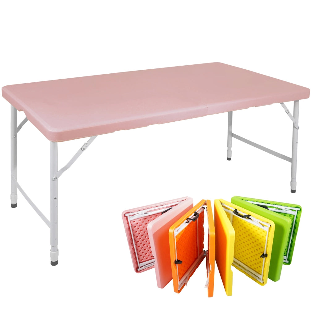 Tavolo pieghevole 125x61 cm, plastica rosa, struttura in acciaio, altezza regolabile