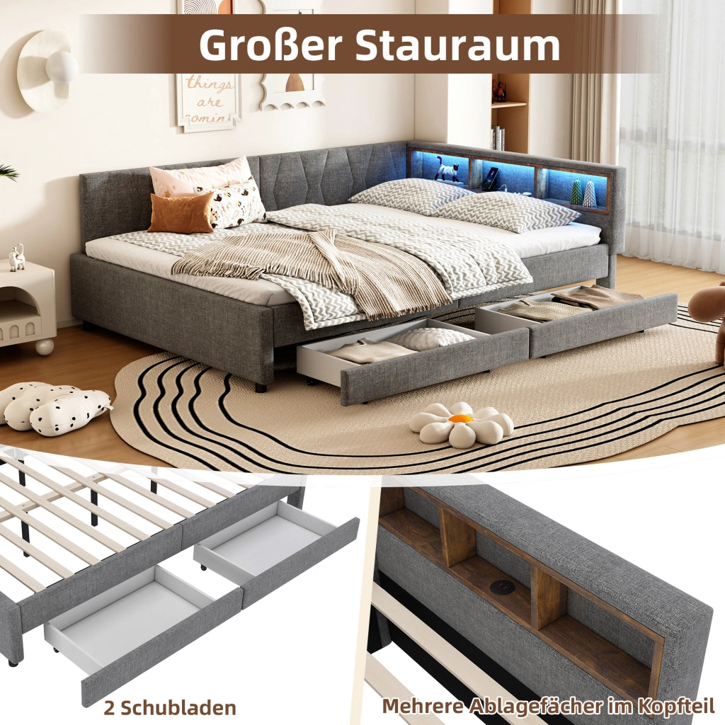 Letto divano 140 × 200 cm 2 posti con 2 cassetti, USB, tipo C e LED regolabile, senza materasso, grigio