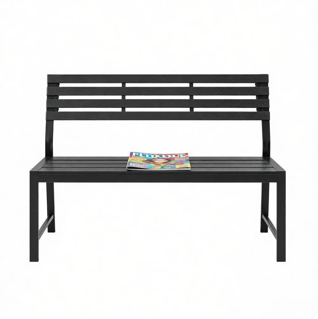 Panca da giardino con schienale in metallo e lamelle PS, 115x55x85 cm, colore nero