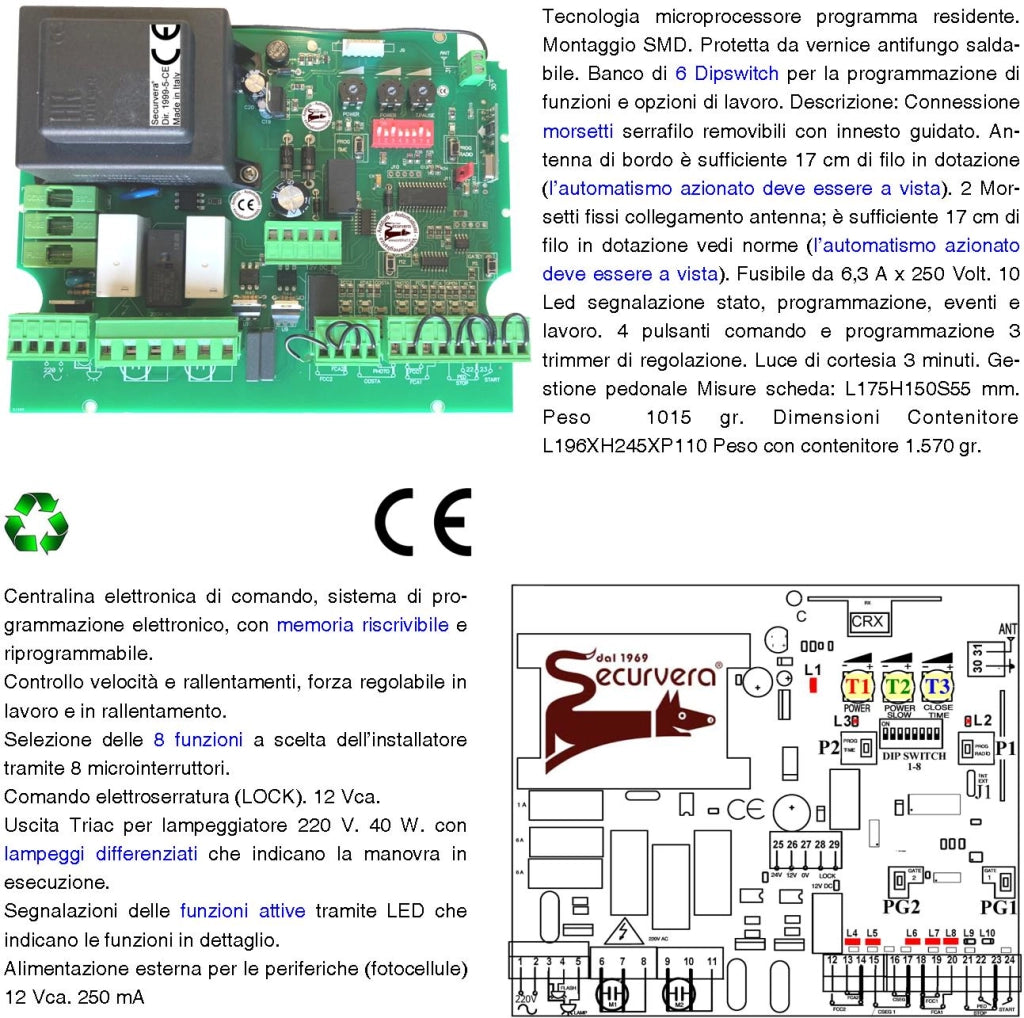 CENTRALE ELETTRONICA CANCELLO 2 ANTE 220 V 1 RADIOCOMANDO 2 COPPIE FOTOCELLULE 1 COPPIA PALINE TEMPI FORZA E FUNZIONE REGOLABILI FINE CORSA