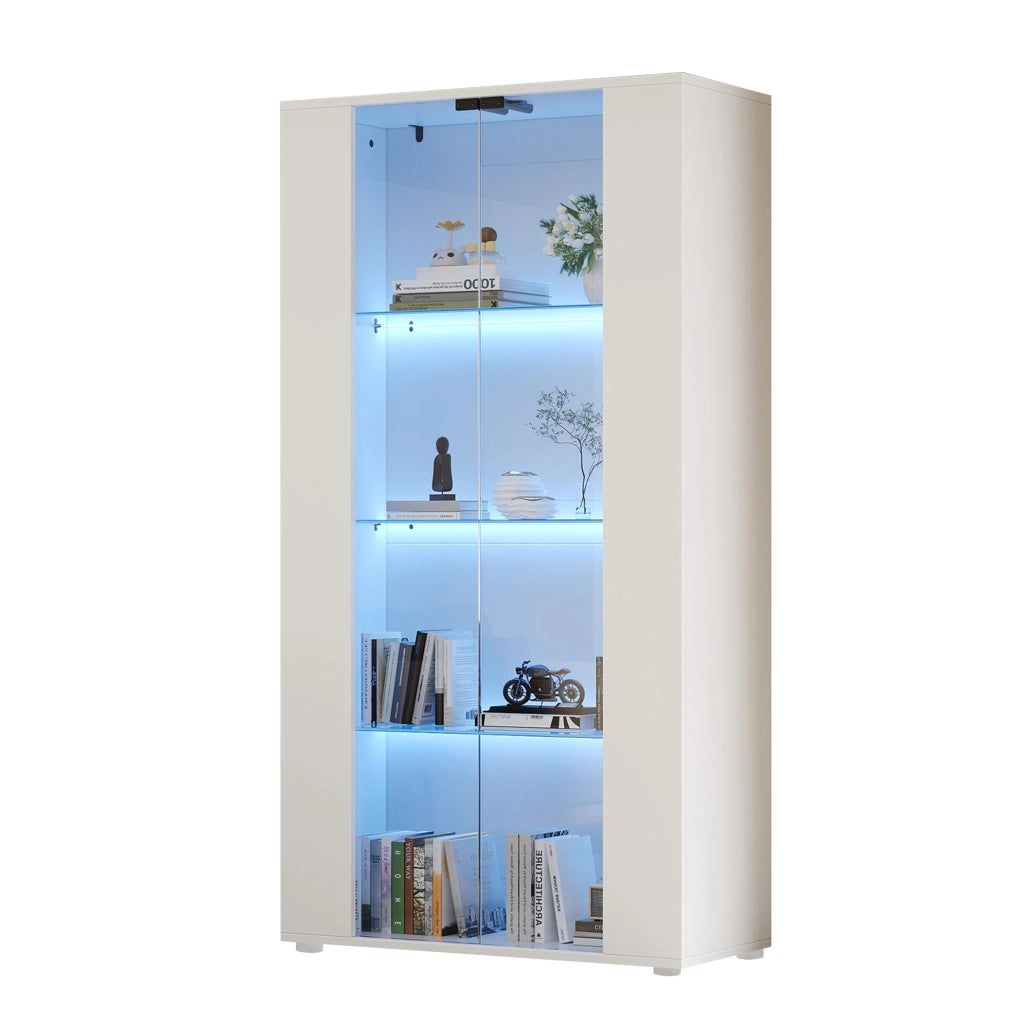VETRINA 2 Ante in Vetro, 4 Ripiani e LED 80x36x150 cm Bianca
