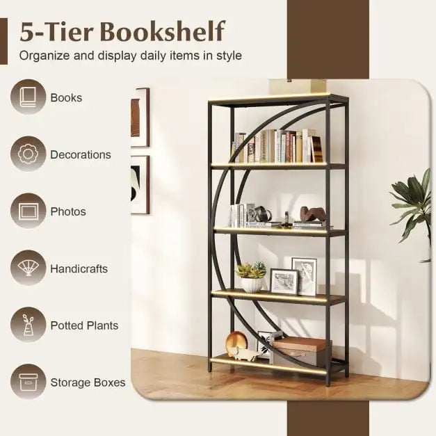 Libreria Industriale a 5 Ripiani Mobile Scaffale ad Arco in Metallo Marrone Rustico Robusto per Casa e Ufficio