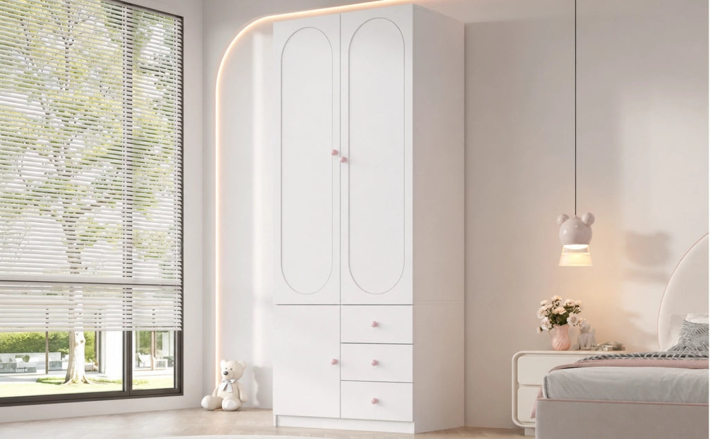 Armadio per cameretta con 2 ante 3 cassetti e appendiabiti in MDF bianco laccato con maniglie rosa 80 × 50 × 200 cm
