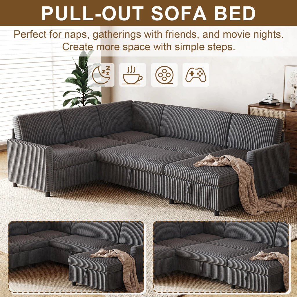 Divano panoramico a U con funzione letto estraibile e vano contenitore, in velluto a coste grigio, 274 × 220 × 85 cm