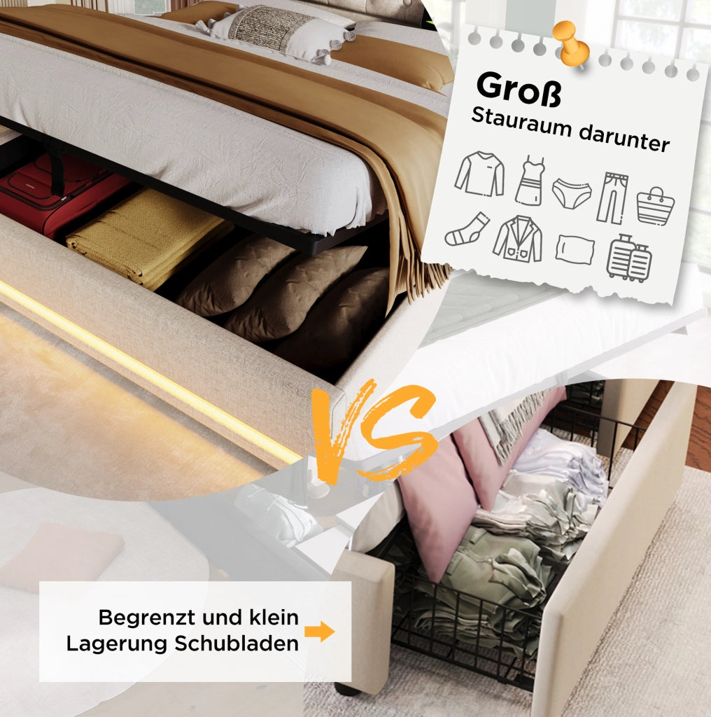 Letto contenitore beige 140 x 200 cm con LED, ricarica USB e Tipo-C