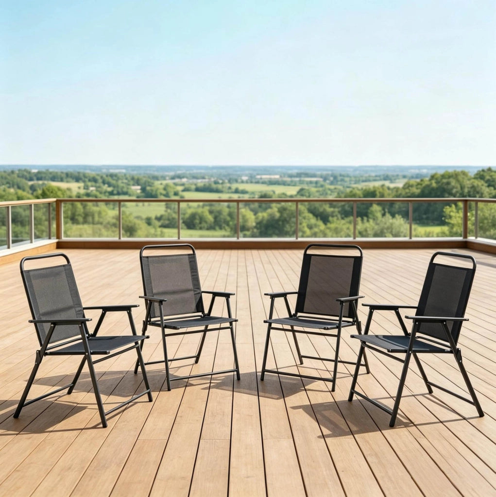 Set di 4 Sedie Pieghevoli da Giardino con Schienale Alto e Braccioli, Telaio in Acciaio Nero, 65x60x94 cm