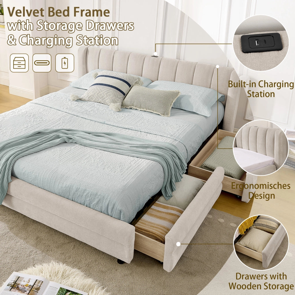 Letto matrimoniale 140 x 200 cm con 4 cassetti e porta USB, letto matrimoniale con rete a doghe, in ciniglia beige, materasso non incluso