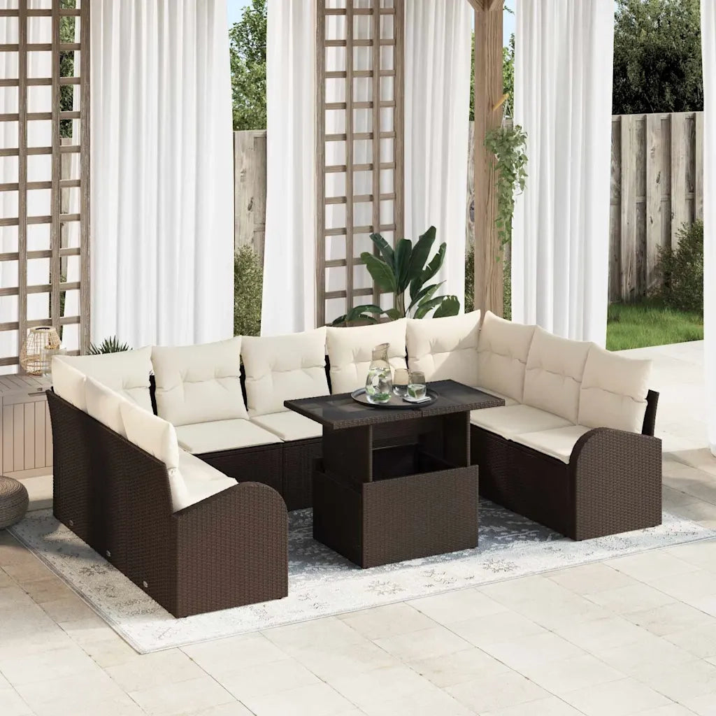 Set Divano da Giardino con cuscino 10 pcs Marrone Poly Rattan