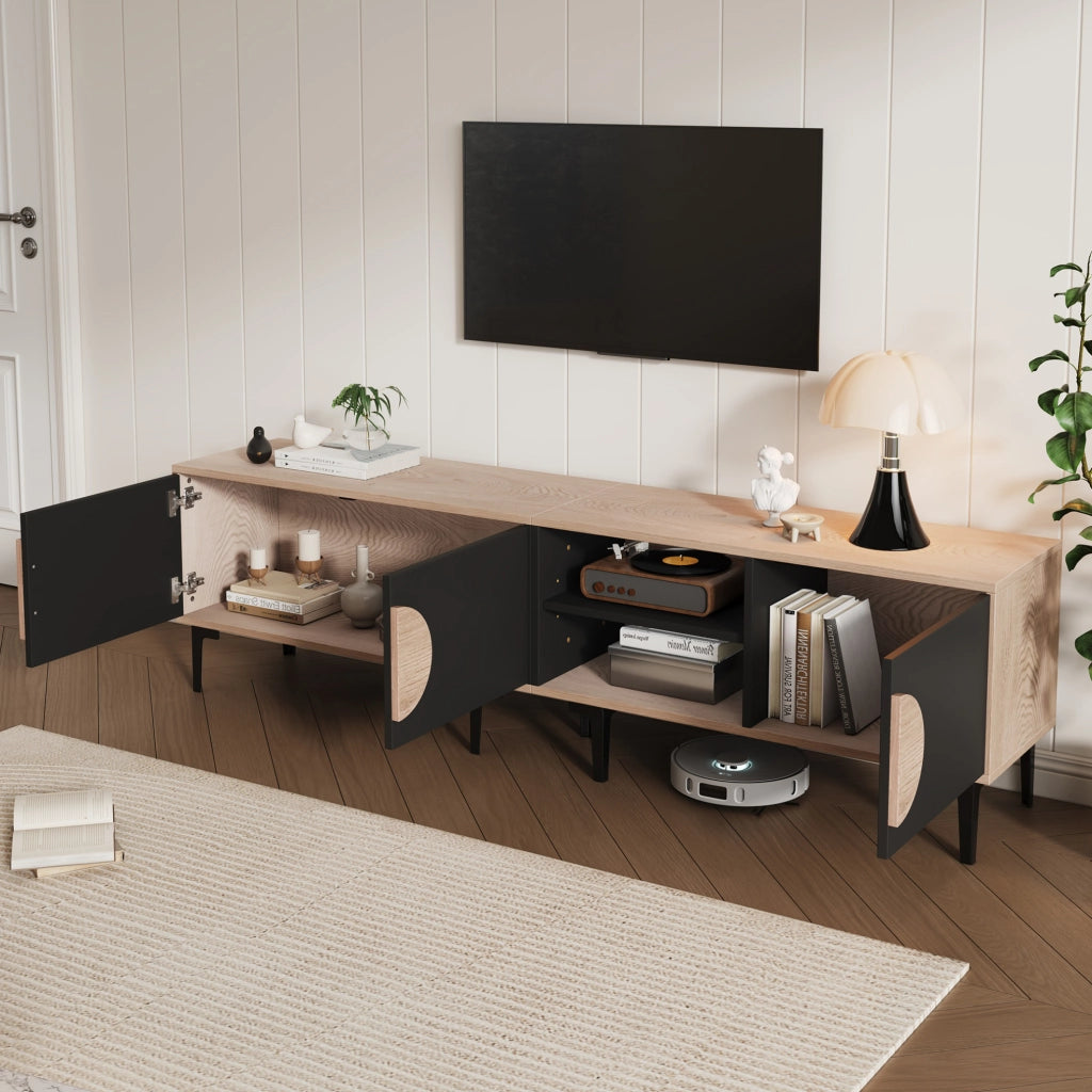 Mobile TV 180x35x49 cm con 3 ante e ripiani, rovere e nero