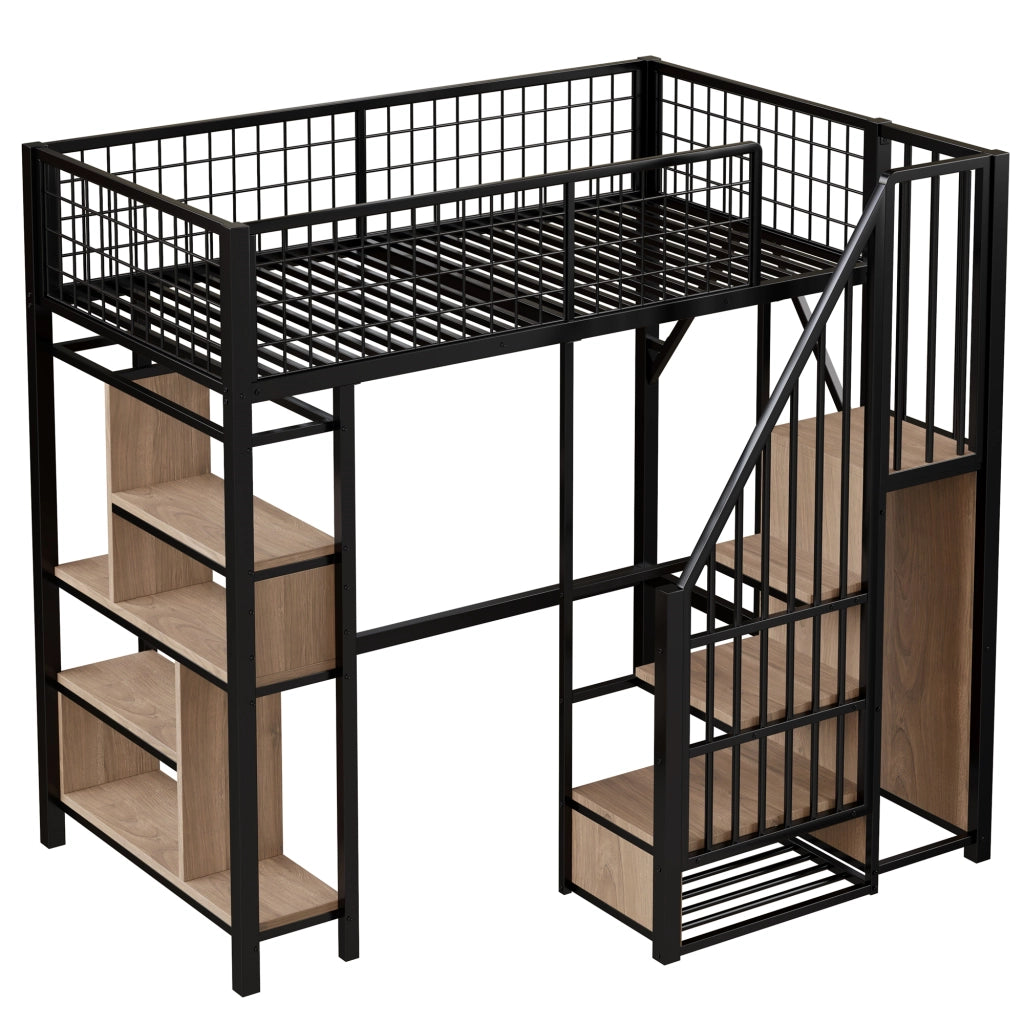 Letto a soppalco 90x200 cm con scala contenitore, struttura in metallo e legno, nero