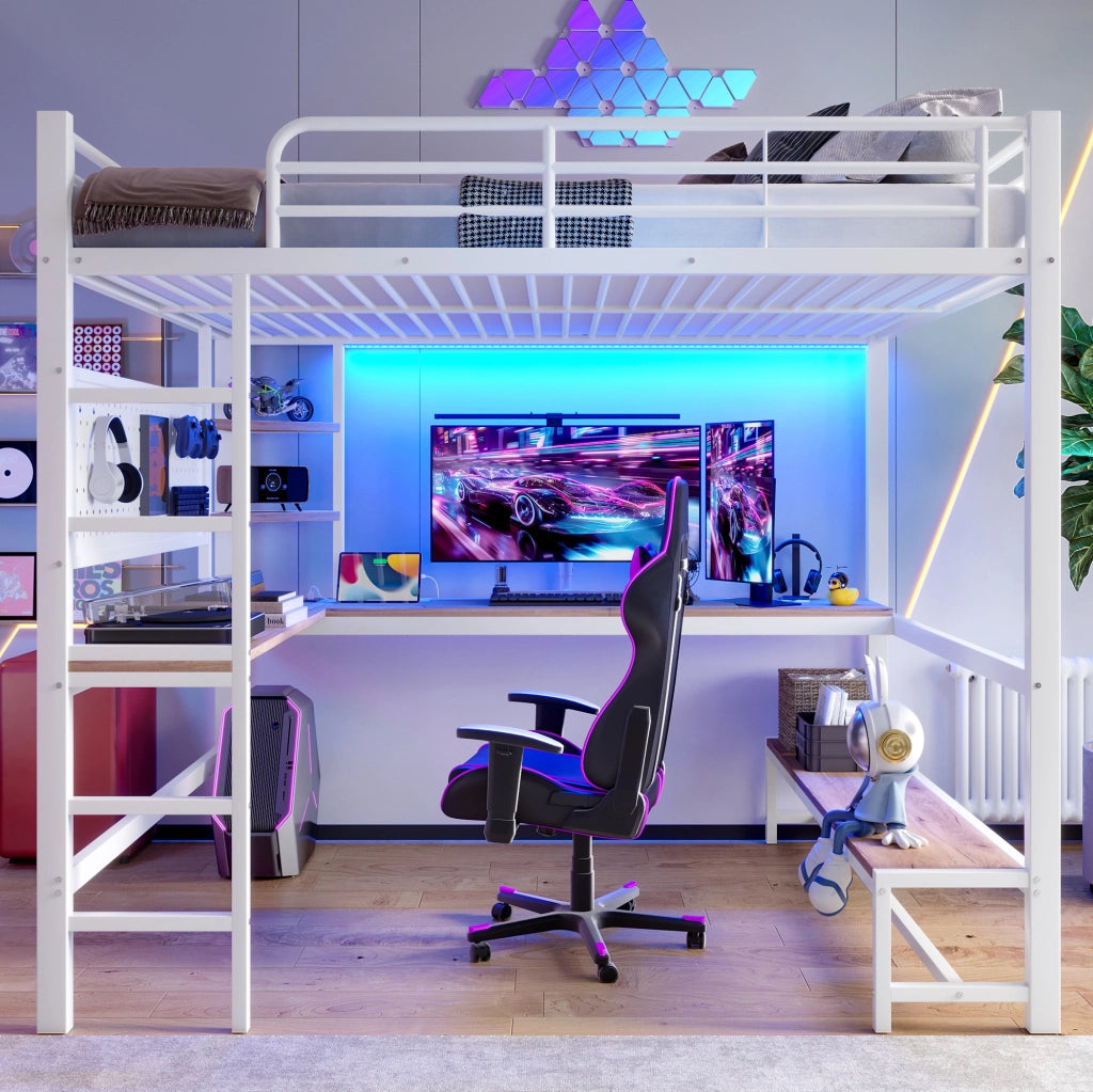 Letto a soppalco 140x200 cm con scrivania; LED; USB e Type-C in metallo e MDF; bianco