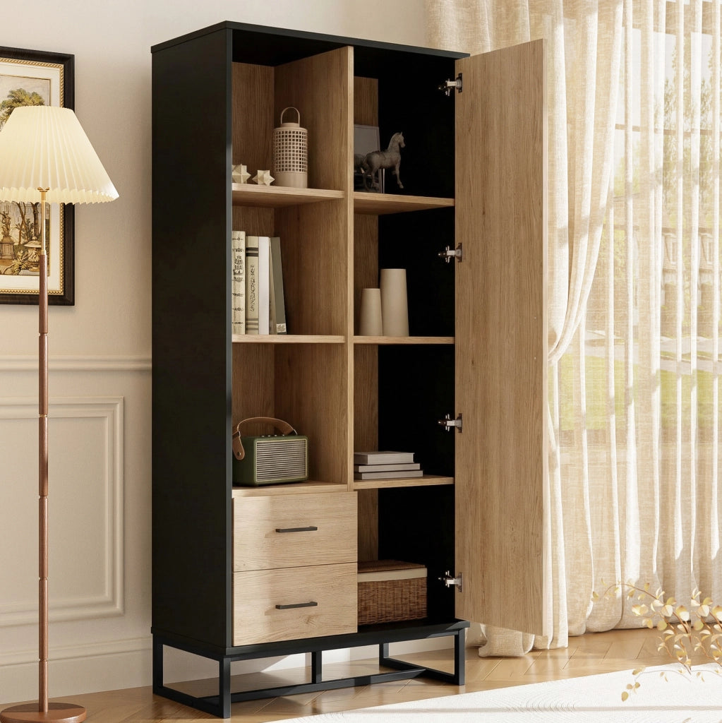 Mobile Highboard 80x40x180 cm in Legno Chiaro con Struttura Nera, 1 Porta, 2 Cassetti e 3 Ripiani Aperti