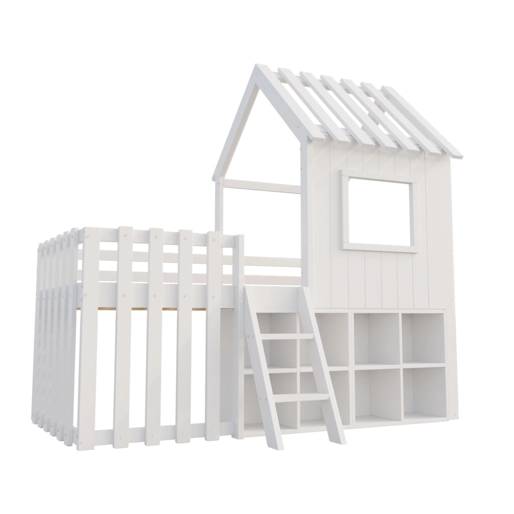 Letto casetta per bambini 90x200 in legno massello; rialzato con scala; contenitore e struttura bianca
