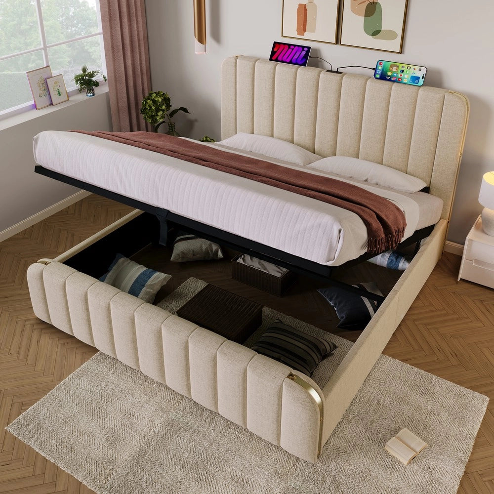 Letto Contenitore Imbottito con Materasso ¨C MINIMAL ¨C Beige, Idraulico, USB, 180x200