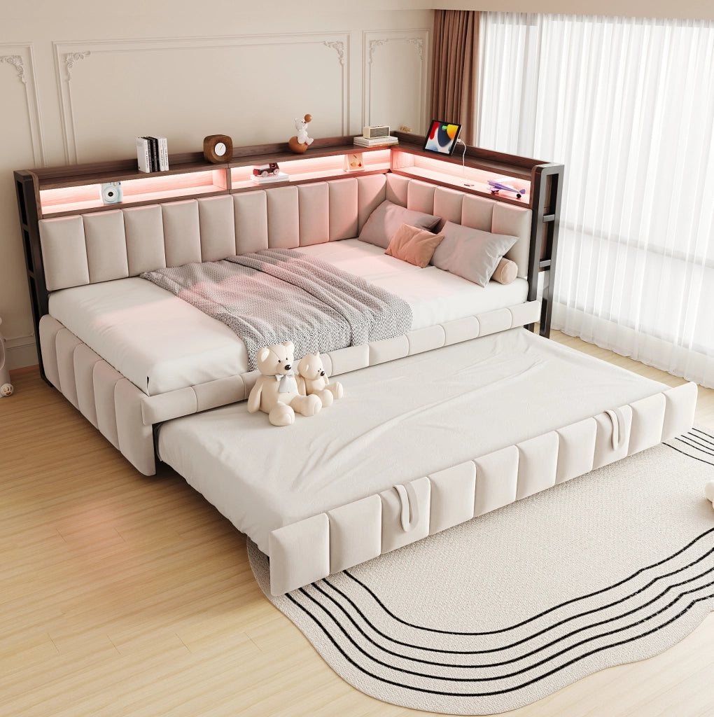 Divano letto ULEVR 90x200 cm con letto estraibile, LED, USB e Type-C, vani portaoggetti, velluto beige