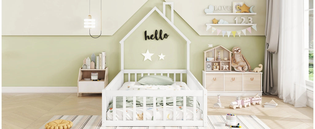 Letto per bambini a casetta 90 × 200 cm con rete a doghe in legno bianco con camino e barriera di sicurezza