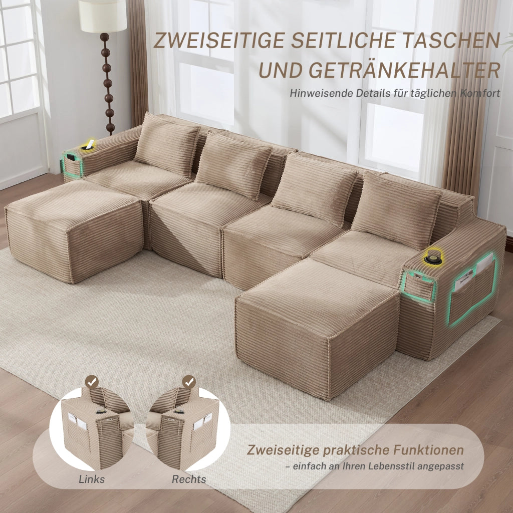 Divano modulare a 4 posti in velluto a coste kaki con 2 pouf portabevande e tasche laterali 330 × 162 × 75 cm