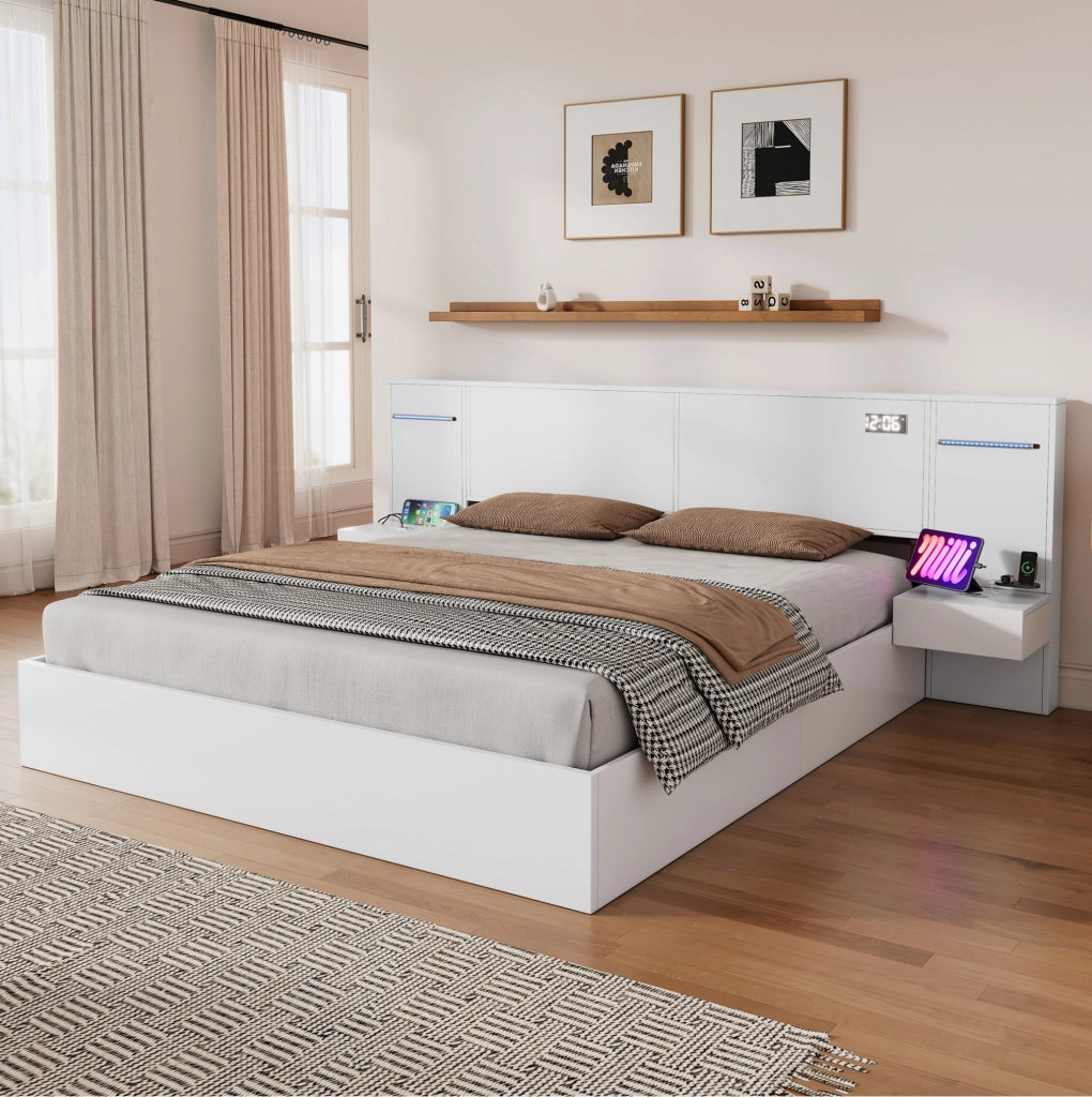 Letto matrimoniale 180x200 in MDF bianco con USB， senza materasso