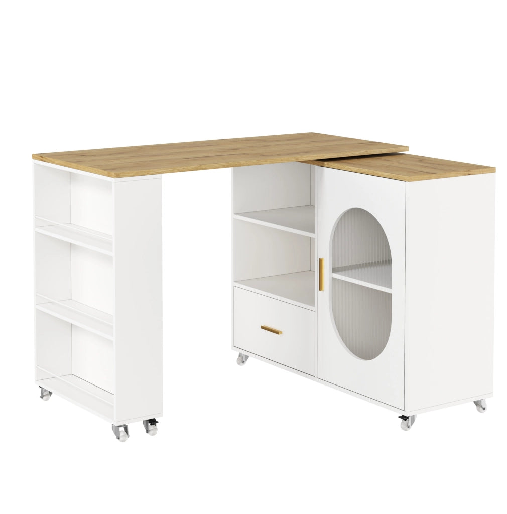 Isola cucina mobile con piano girevole 360° 120-180x60x90 cm; MDF naturale e bianco