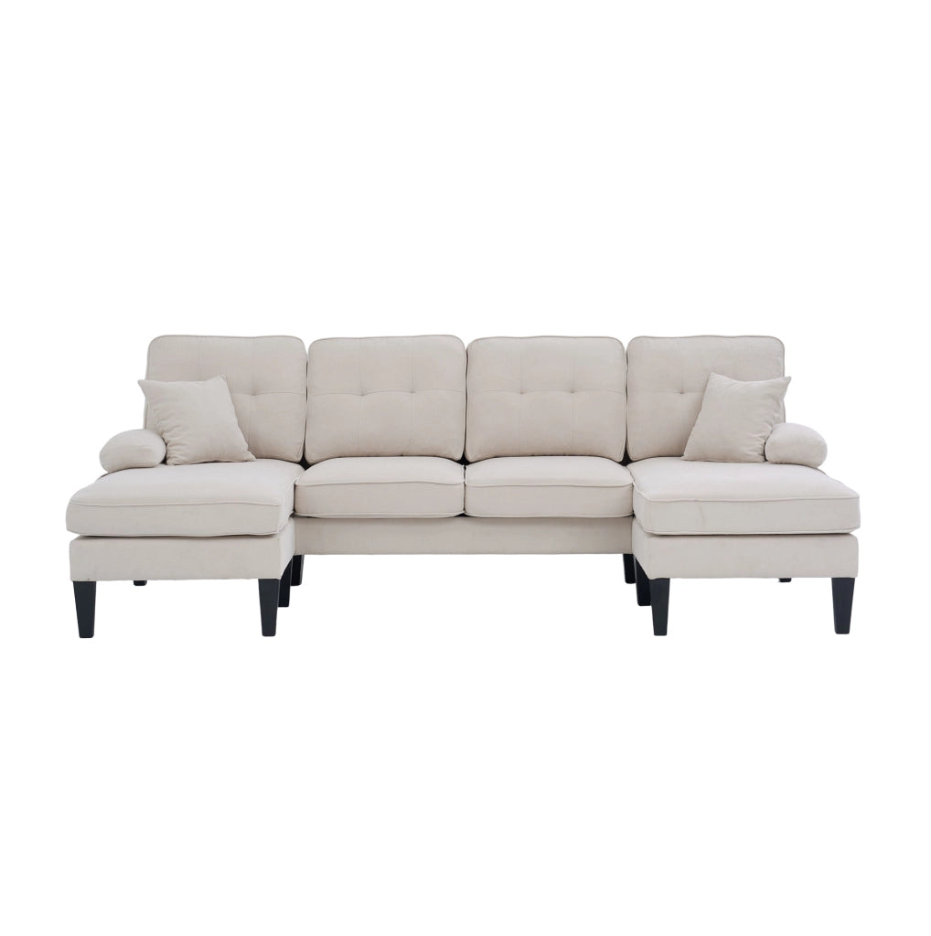 Divano angolare a U 4 posti in lino beige con chaise-longue e schienale moderno