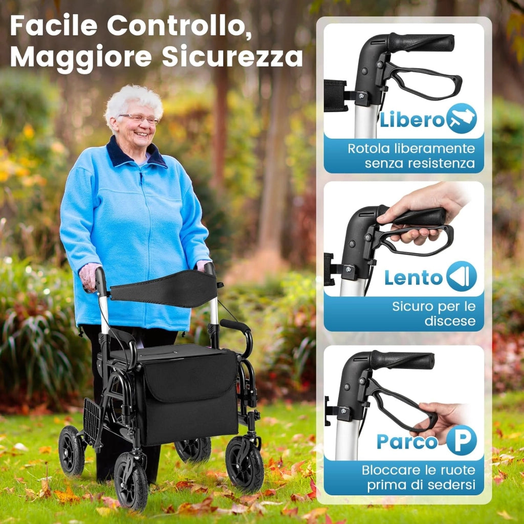 2 in 1 Deambulatore Pieghevole e Sedie a Rotelle per Anziani in Alluminio, Rollator Altezza Regolabile con Seduta e Freni, Girello per Anziani con Ruote Robuste, Carico Massimo 140 kg (Nero)