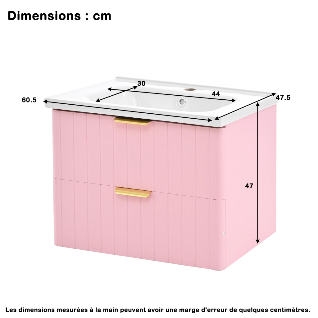 Mobiletto con lavabo in ceramica a due livelli in MDF rosa e bianco con maniglie in metallo 28.3 kg