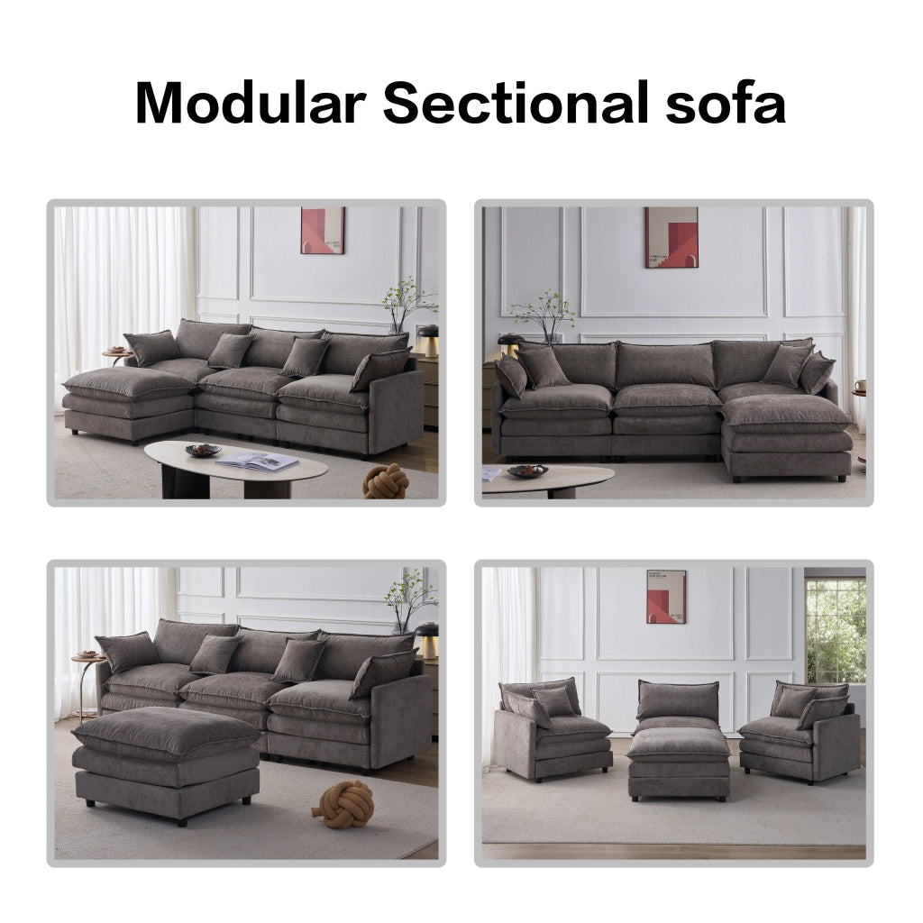 Divano Angolare Modulare 3 Posti con Pouf, Chenille Grigio