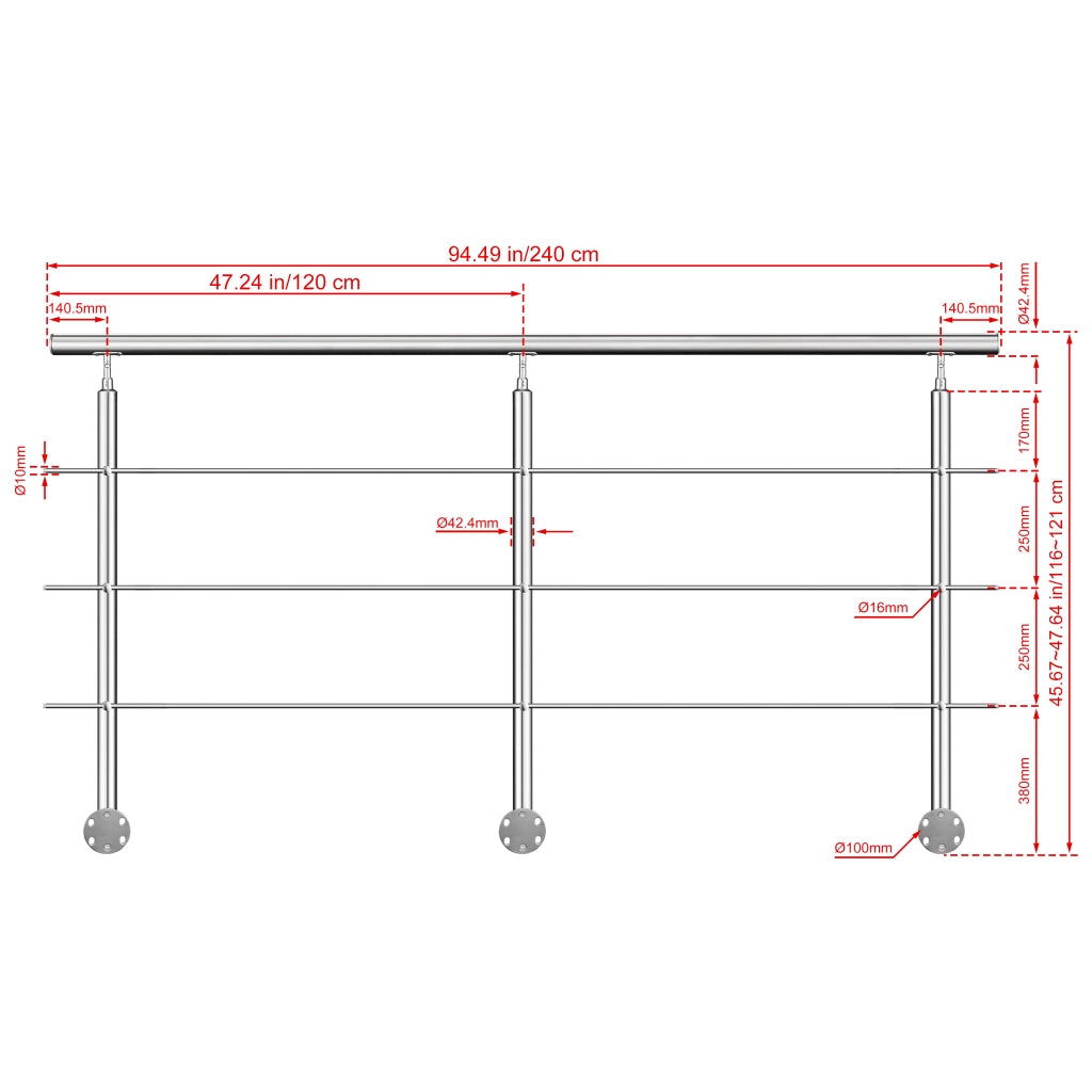 Ringhiera Balaustra Corrimano in acciaio inox 304 spazzolato per scale 240 cm, 3 barre trasversali, fissaggio laterale, per interni ed esterni