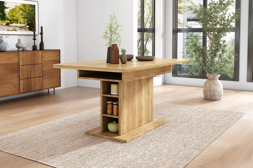 Tavolo da pranzo allungabile in pannelli truciolari e metallo, 110/130x70x75 cm, con spazio contenitivo, design rettangolare moderno color naturale