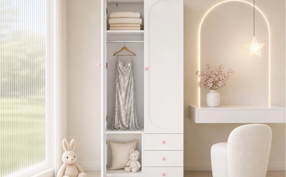 Armadio per cameretta con 2 ante 3 cassetti e appendiabiti in MDF bianco laccato con maniglie rosa 80 × 50 × 200 cm