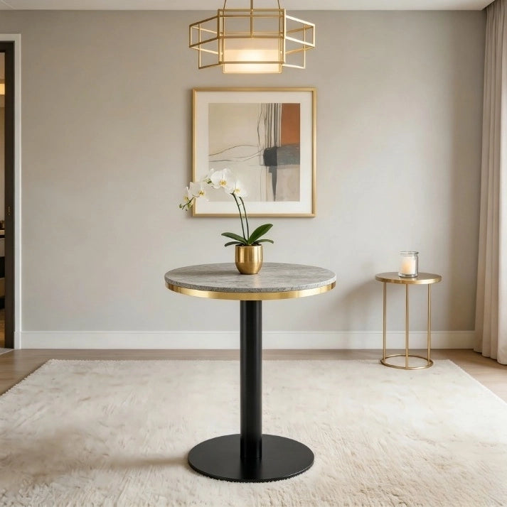 Tavolino rotondo ?60 cm con piano effetto marmo in MDF e bordo dorato
