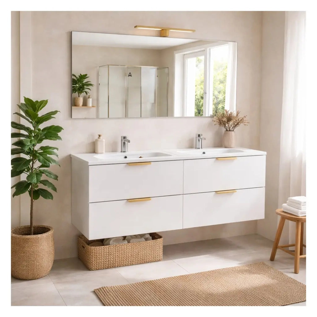 Set da bagno sospeso OSTER 120cm: mobile sotto lavabo con cassetti bianco + doppio lavabo incassato