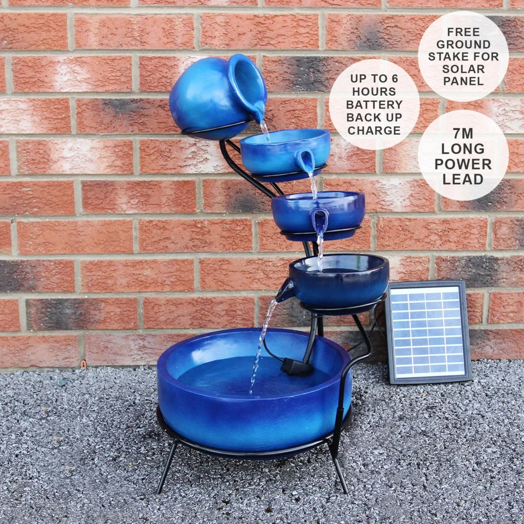 Fontana Solare a Cascata da Giardino con Batteria di Supporto da 6 Ore Fontanella con Pannello Solare e Picchetto Fontanella a Vasi Fontana con Ciotole - Blu