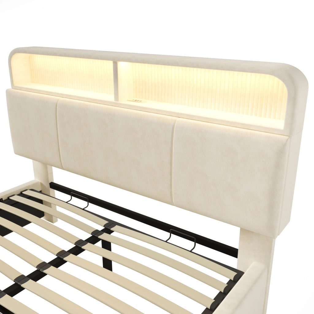 Letto imbottito idraulico 140x200cm con illuminazione LED; USB C e velluto in beige
