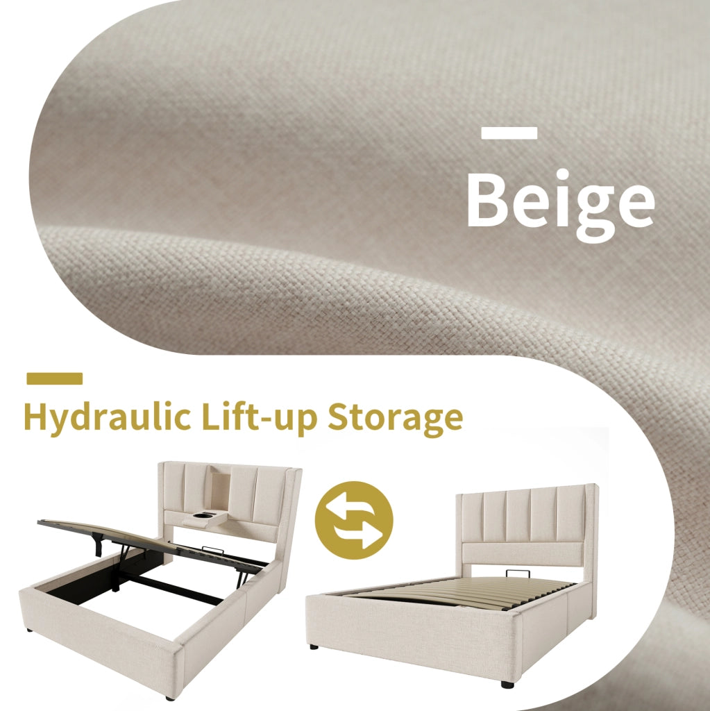 Letto imbottito singolo 90x200 cm beige con portabicchiere nascosto e stazione di ricarica, letto idraulico con contenitore sottostante, con rete a doghe, senza materasso