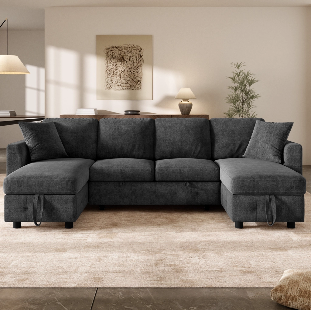 Divano letto estraibile in ciniglia con 2 chaise longue contenitore; USB e Type-C; grigio scuro