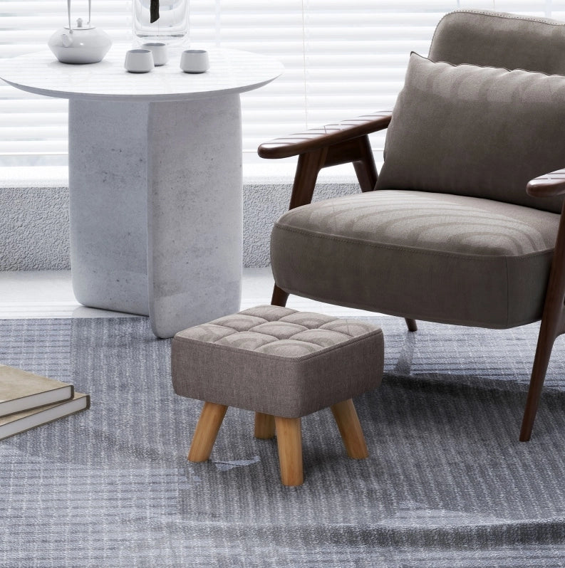Pouf con Gambe in Legno di Gommello e Rivestimento Effetto Lino, Grigio, 27x27x26 cm