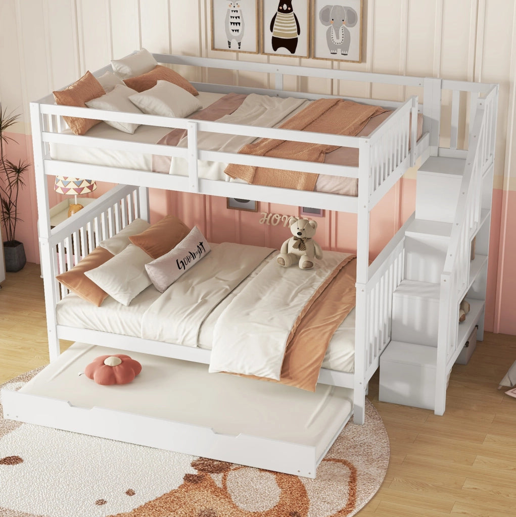 Letto a soppalco 140x200 cm con letto estraibile e ripiani scala in pino e MDF bianco
