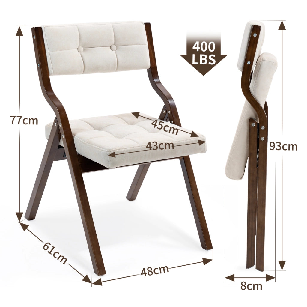 Sedia Pieghevole da Pranzo in Legno con Cuscino, Set da 2, Colore Crema