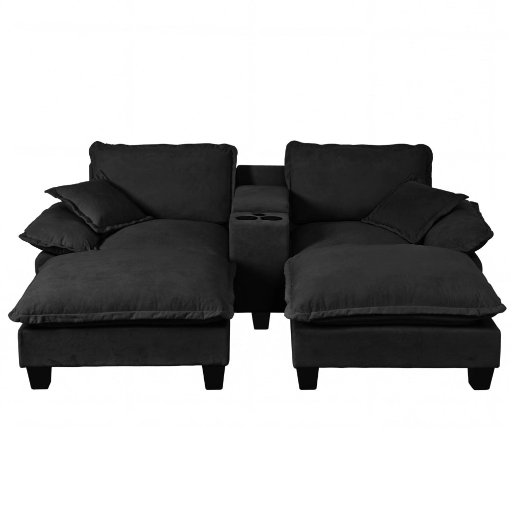 Divano modulare Cloud in Chenille nero con portariviste, porta bicchieri, USB, 2 pouf e 2 cuscini, 224x155x90 cm