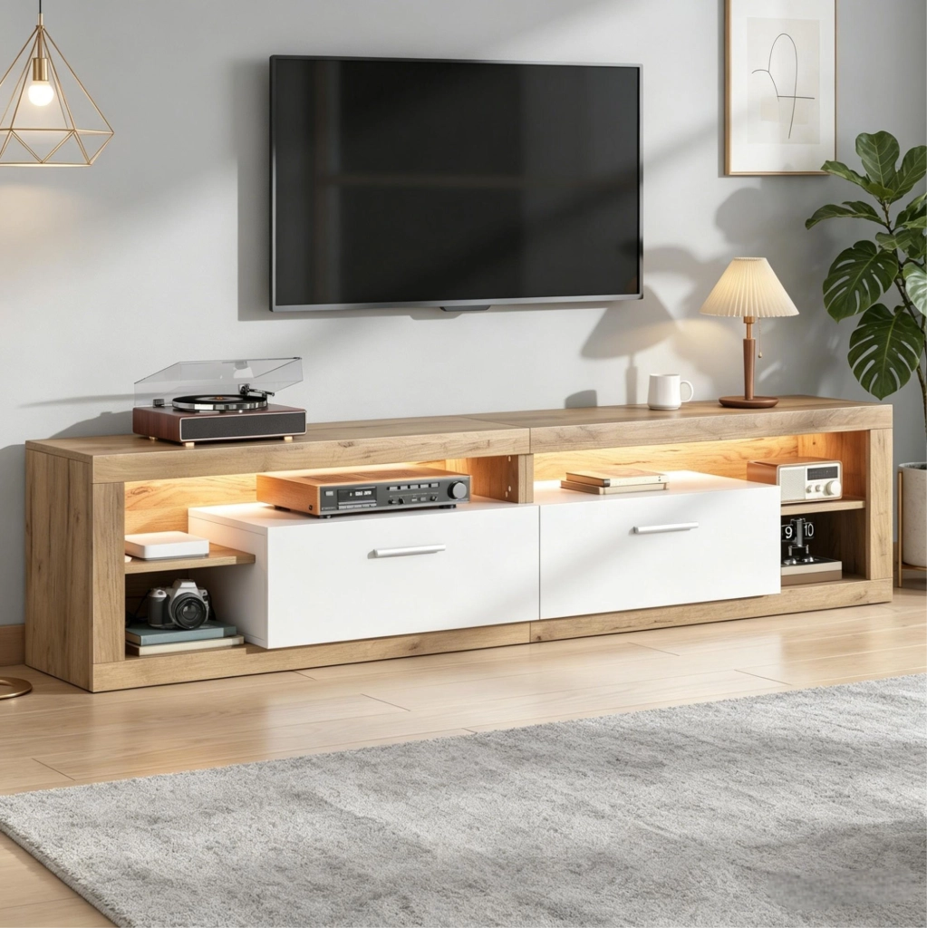 Mobile TV lowboard 180 x 35,5 x 50 cm naturale e bianco con LED App