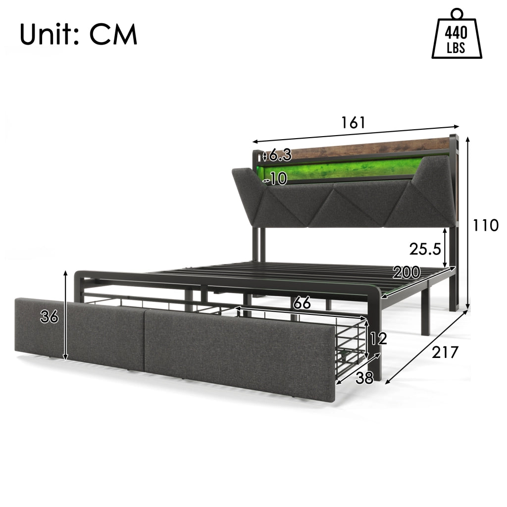 Letto matrimoniale imbottito 160x200 cm con LED; testiera contenitore e 2 cassetti; grigio