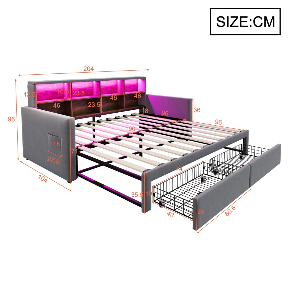 Letto divano 90×190 cm estensibile 180×190 cm con 2 cassetti; LED; USB e presa di tipo C; senza materasso; grigio